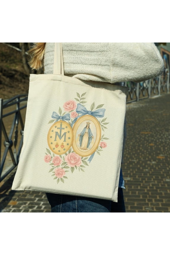 Watercolor Virgin Mary Tote Bag Marian Cross Catholic Gift