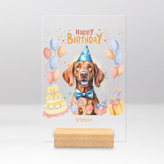 Watercolor Vizsla Happy Birthday Celebration Balloons Gift Party Acrylic Plaque Sign Ashwood Base Vizslas Dog Lover Gifts Idea Home Desk Decor - 00028