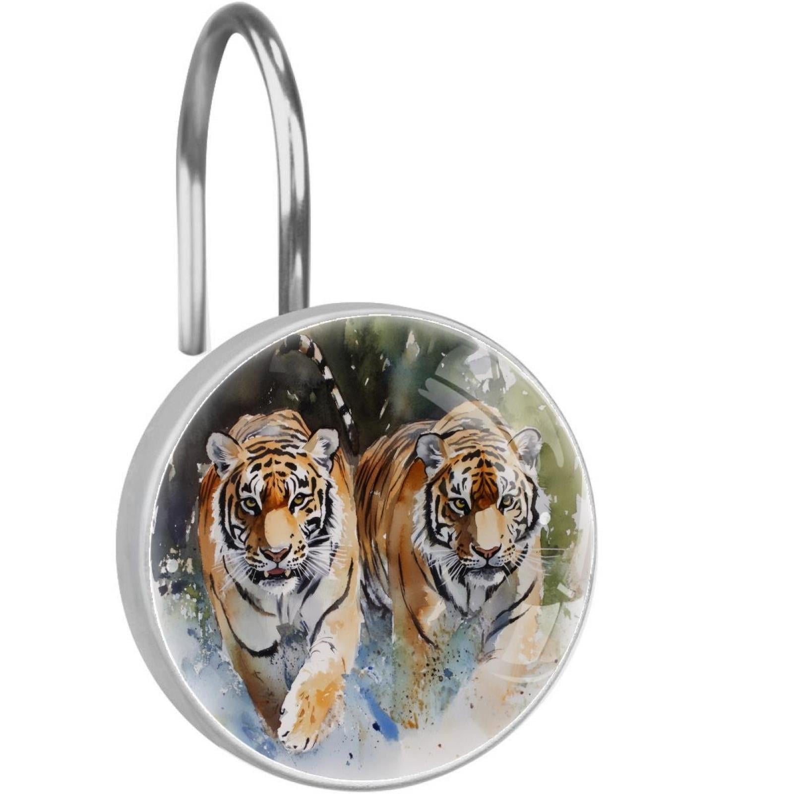 Watercolor Walking Tigers Shower Curtain Hooks Round Crystal Glass, Set of 12 Shower Curtain Rings - Shower Hooks for Curtain Shower Rings