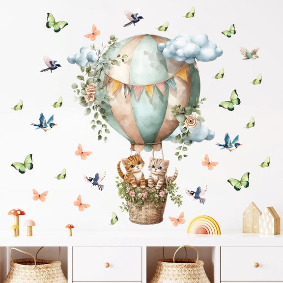 Watercolor Wall Decals 31x39Inch Removable Peel and Stick Hot Air Balloon Cat Butterfly Wall Stickers for Living Room Bedroom Background Decor
