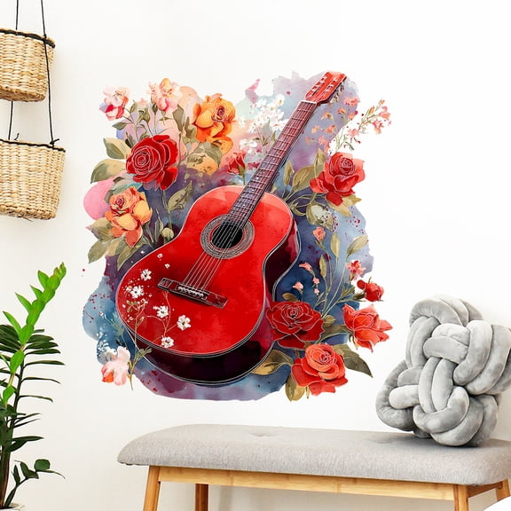 Watercolor Wall Decals Guitar Floral Stickers 22x23 inch Vinyl Peel and Stick Self-adhesive Removable Wall Art for Living Room Bedroom Decor