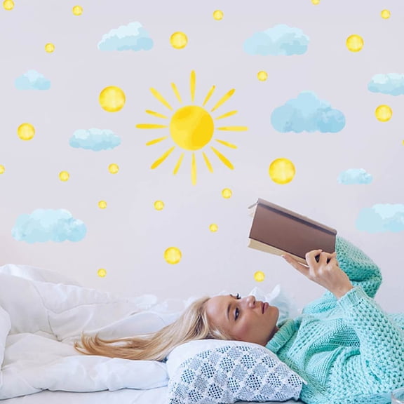 Watercolor Wall Decals Wall Sticker Sun Clouds Peel and Stick Wall Art Decals Vinyl Decal Sticker Home Living Room Bedroom