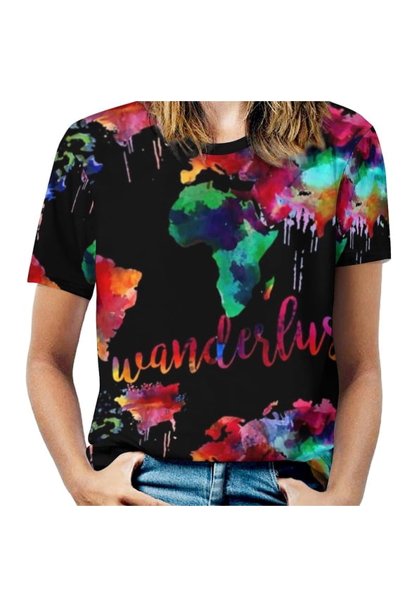 Watercolor Wanderlust World Map Lotus Leaf Neck T-Shirt Long Sleeve Printed Fall T Shirts Women Spring Tee Tops Wanderlust Map