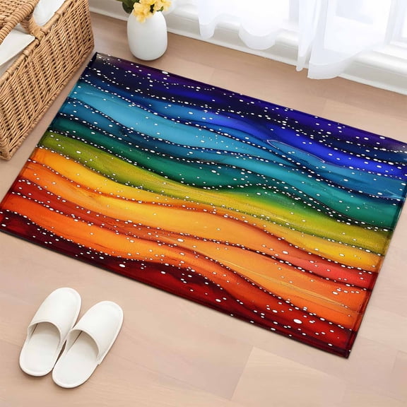 Watercolor Washable Small Entryway Area Rugs 2'x3', Marble Texture Rainbow Wave Beach Low Pile Throw Rug Non-Slip Sturdy Edge Binding Carpet for Front Door Floor Room Entry