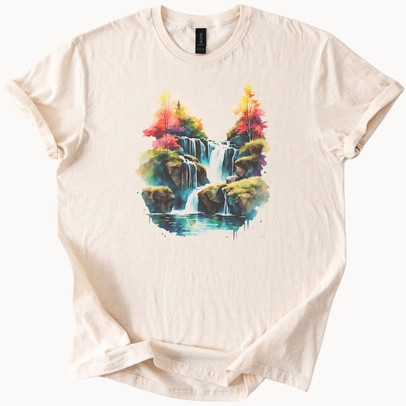 Watercolor Waterfall T-Shirt Colorful Nature Scene Graphic Tee Artistic Landscape Shirt Scenic Forest Top Unique Design Clothing Birthday Gifts; For Men & Women