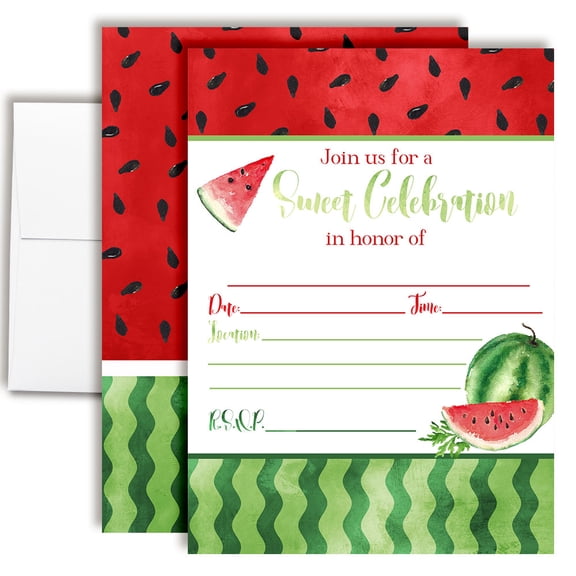 Watercolor Watermelon Birthday Invitations for Kids, 20 Fill-In Cards with Envelopes, 5x7 Children's Birthday Party Invitations, Birthday Party Supplies, Made in USA by Amanda Creation