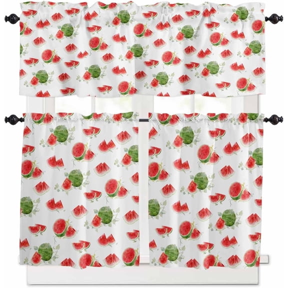 Watercolor Watermelon Kitchen Curtains and Valances Set, Rod Pocket Curtains Tier Farmhouse Window Curtains 24 Inch Length, Summer Fruit 3 Piece Kitchen Curtains Set, Watermelonyox69367