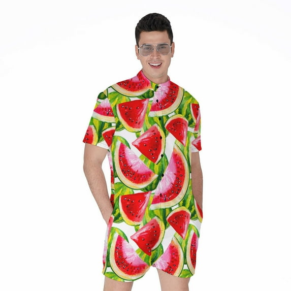 Watercolor Watermelon Pattern Short Sleeve Men'S Rompers Casual Summer Jumpsuits Outfit