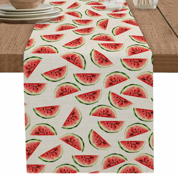 Watercolor Watermelon on Vintage Linen Table Runner-36 Inch Long Summer Fruit Table Runners Linen Burlap Tablerunner for Kitchen Dining Room Holiday Party