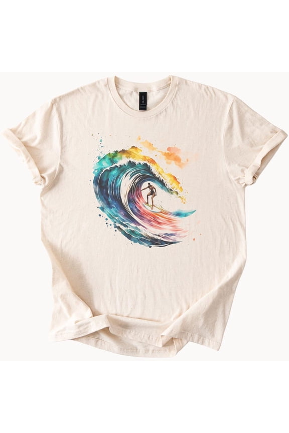 Watercolor Wave Surfer T-Shirt Ocean Ride Graphic Tee Surfing Lover Gift Beach Vibes Top Birthday Gifts; For Men & Women