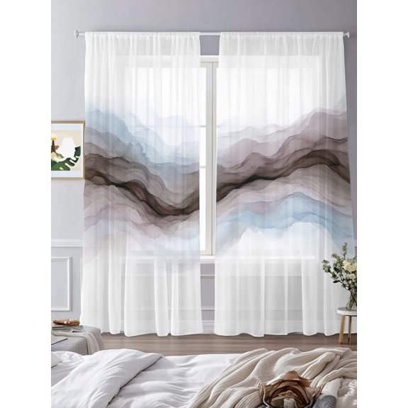 Watercolor Wavy Abstract Ombre Chiffon Sheer Curtains 84 Inches Long Fluid Gradient Texture Rod Pocket Window Curtains Voile Drapes Curtains for Living Room Bedroom,2 Panels