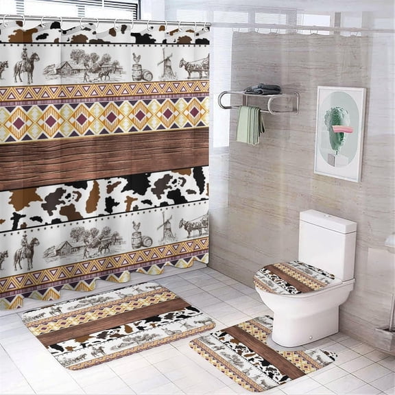 Watercolor Western Cowboy for Bathroom Shower Curtain set with Rugs 4Pcs,Rustic Wild West Sunset Desert Cactus Cowboy Shower Curtains Sets (12Hooks)
