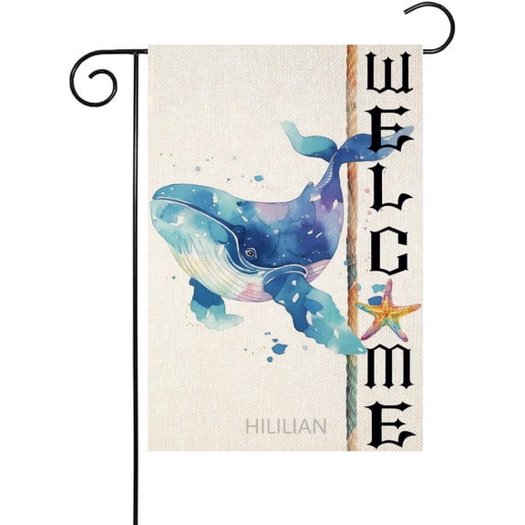 Watercolor Whale Garden Flag Vertical Double Sided Burlap 12x18 Inch Outdoor Lawn House Decor Ocean Sea Animal Design