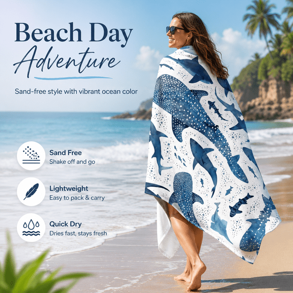 Watercolor Whale Shark Pattern Sandless Microfiber Fast Drying Absorbent Large Bath Sheet Ocean Blue Adults Lounge Mat 30x60 Inch