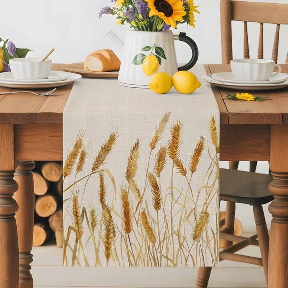 Watercolor Wheat Farm Grain on Flax Table Runner 36 Inches Long, Farmhouse Retro Cereal Plant Table Runners Tabletop Scarf Kitchen Dining Tables Decoration for Home Party Indoor Outdoor