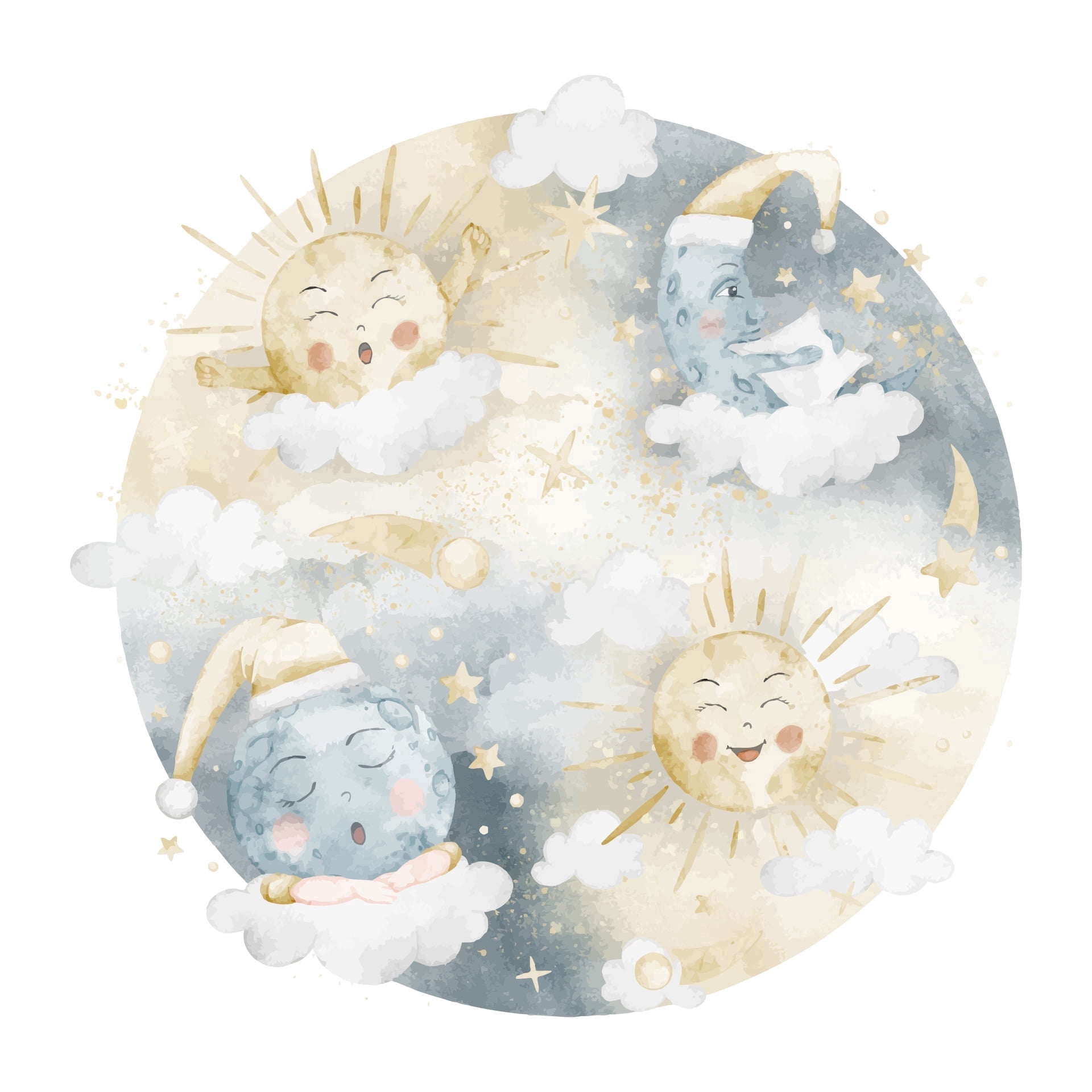 Watercolor Whimsical Moon Yawning, Sun Smiling & Stars Edible Icing ...
