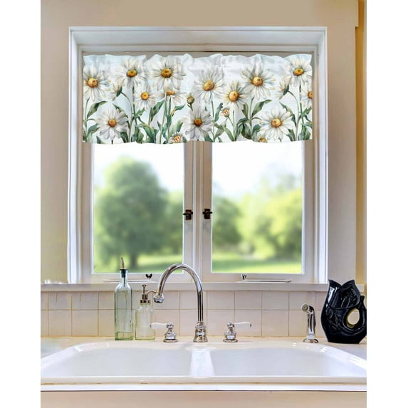 Watercolor White Daisy Floral Window Valances for Kitchen,Rod Pocket Valance Privacy Small Curtain,Pastoral Flowers on Blue Window Treatment Drapes for Bedroom Laundry Room Farmhouse Home Decor