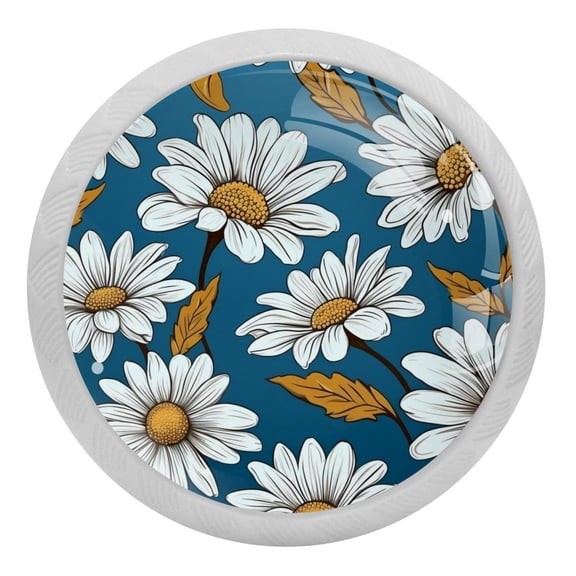 Watercolor White Daisy Flower Crystal Glass Drawer Knob Pull Ergonomic 30mm Circle Glowing Furniture Cabinet Handle for Kitchen Dresser Cupboard Wardrobe