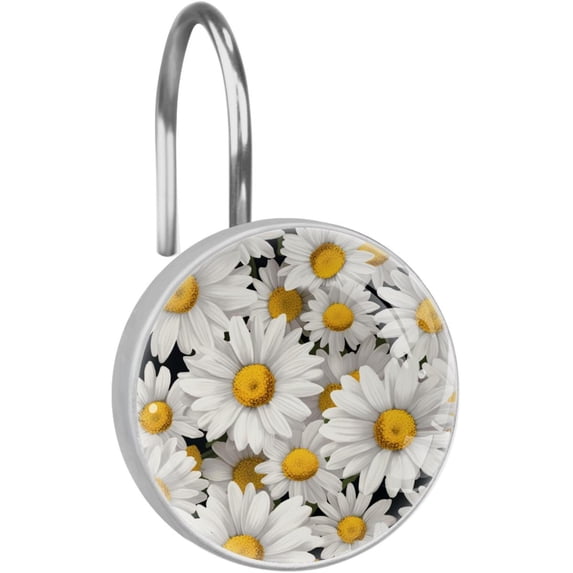 Watercolor White Daisy Flower Shower Curtain Hooks Round Crystal Glass, Set of 12 Shower Curtain Rings - Shower Hooks for Curtain Shower Rings