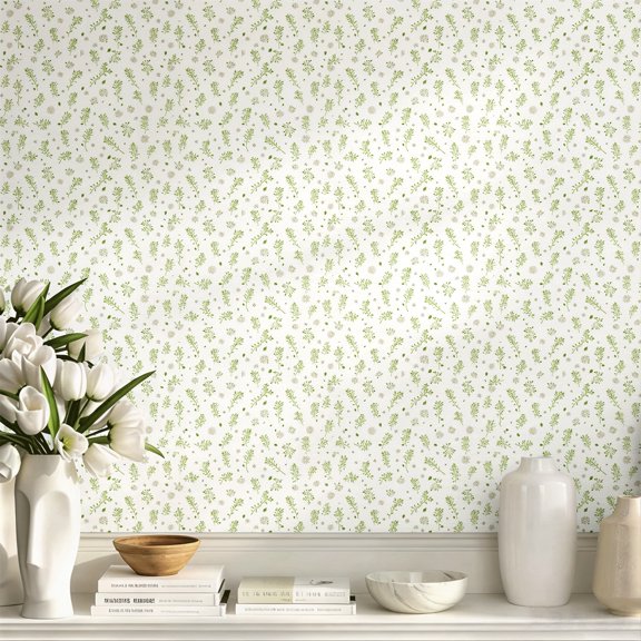Watercolor White Daisy Green Floral Stick Wallpaper, Minimalist Aesthetic Farmhouse Boho Wall Art Wall Decor Art Print, Elegant Whimsical Home Decoration for Living Room Bedroom Apartment