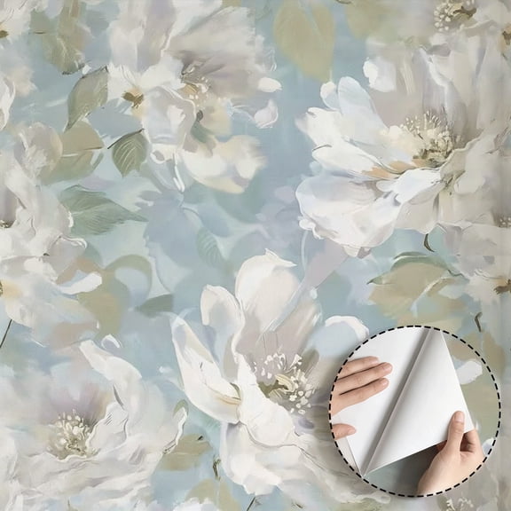 Watercolor White Floral Wallpaper Minimalist Aesthetic Modern Farmhouse Peel and Stick Wallpaper Waterproof Home Decor for Bedroom Living Room Bathroom Drawer Kitchen Cabinet 17.7 * 78.5 in