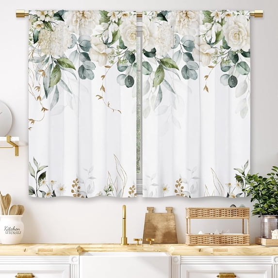 Watercolor White Flower Kitchen Curtains Spring Floral Green Leaves Small Short Cafe Window Curtains Olive Eucalyptus Botanical Bathroom Drapes Treatment Tier Curtains 2 Panels (27.5x39 Inch)
