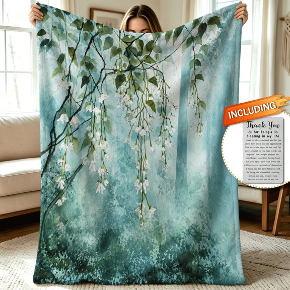 Watercolor White Hanging Flower Blanket for Women Soft Flannel Throw Blanket Gift for Mom Grandma Birthday Mother's Day Christmas Housewarming Spring Nature Themed Cozy Blanket for Sofa Bed Couch