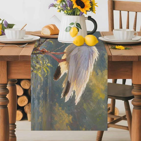 Watercolor White Ibis Pattern Table Runner 36 Inches Long, Willow Branch River Table Runners Tabletop Scarf Kitchen Dining Tables Decoration for Home Party Indoor Outdoor
