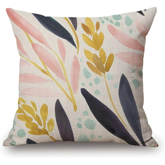 Watercolor White Pink Navy Yellow Floral Cotton Linen Square Throw Pillow Case Decorative Cushion Cover Pillowcase for Sofa 18"X 18"