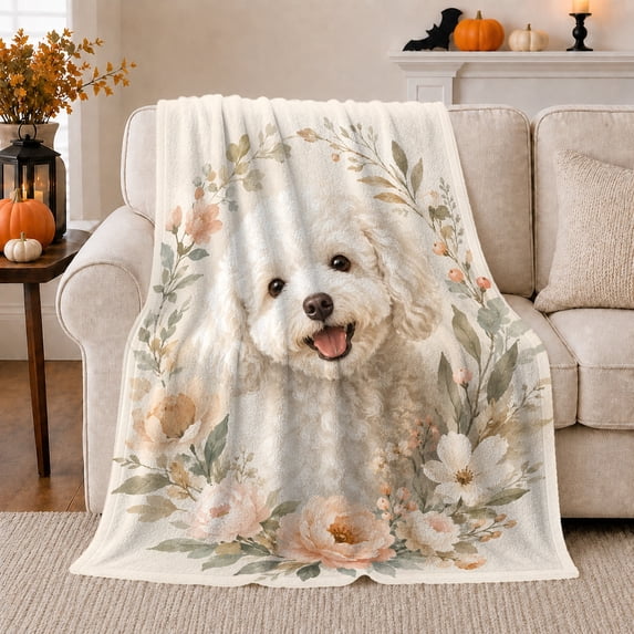 Watercolor White Poodle Portrait Surrounded By Floral Blooms, Cozy Pet Portrait Pattern, Warm Flannel Blanket for Living Room and Reading Nook, Dog Lovers Friendship Gift, Pet Lover Home Decor