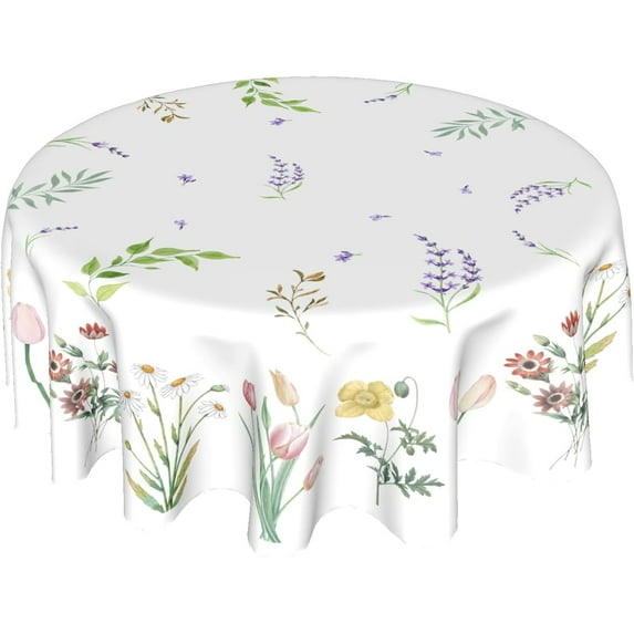 Watercolor Wild Floral Leaf Tablecloth Round 60 Inch,Spring Summer Colorful Flowers Polyester Circle Table Cloth Wrinkle Stain Resistant Washable Table Cover for Kitchen Dining Room Party Picnic