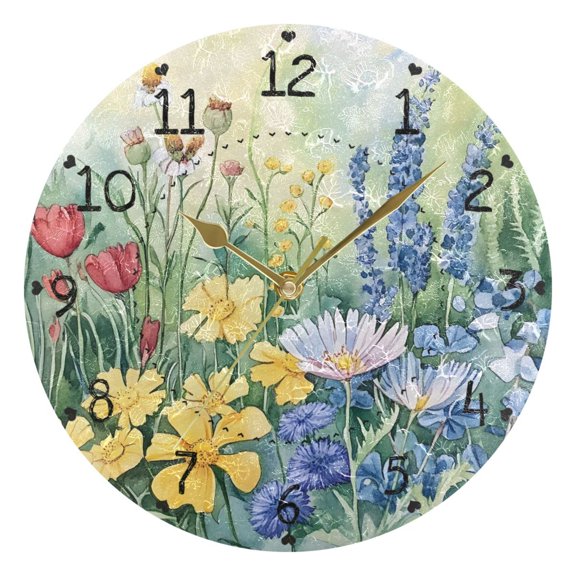 Watercolor Wild Florals Round Wall Clock Silent Analog Battery Operated Gold Pointer Home Decor 9.84" Diameter