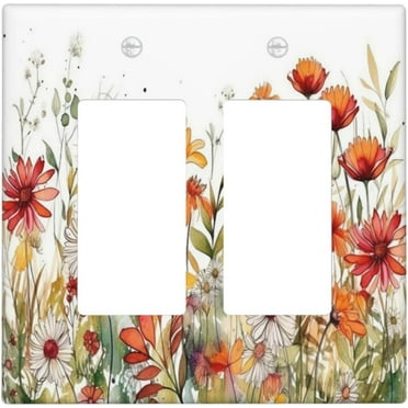 Watercolor Wild Flower Floral Double Rocker Light Switch Cover 2 Gang Outlet Wall Plate Decorative GFCI Switchplate Electrical Faceplate for Nursery Bedroom Bathroom Decor