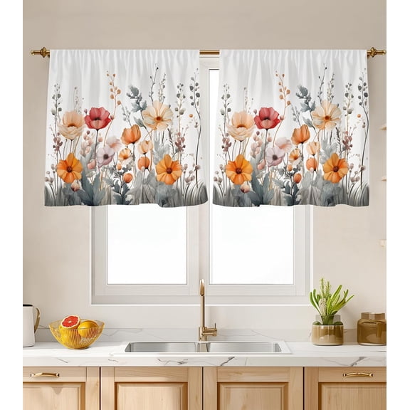 Watercolor Wild Poppy Floral Window Curtains Boho Art Print Rod Pocket Short Curtain Tiers for Kitchen Home Decor