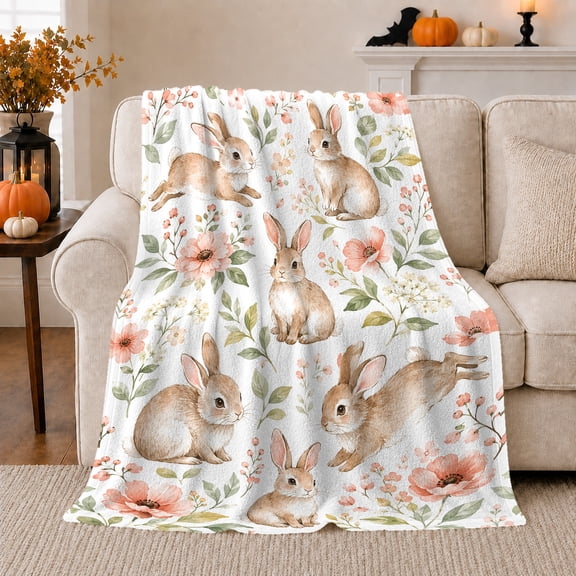 Watercolor Wild Rabbits Floral Garden, Festive Botanical Garden Scene, Warm Flannel Blanket for Sunroom and Reading Nook, Wildlife Lovers Valentine's Day Gift, Botanical Home Decor