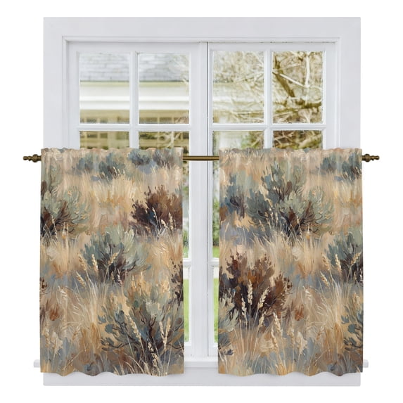 Watercolor Wilderness Art Kitchen Curtains 45 Inch Length, Oil Painting Western Grass Tiers Curtains for Bathroom Bedroom Cafe, Light Filtering Small Window Treatment Short Drapes 2 Panels 42"Wx45"L