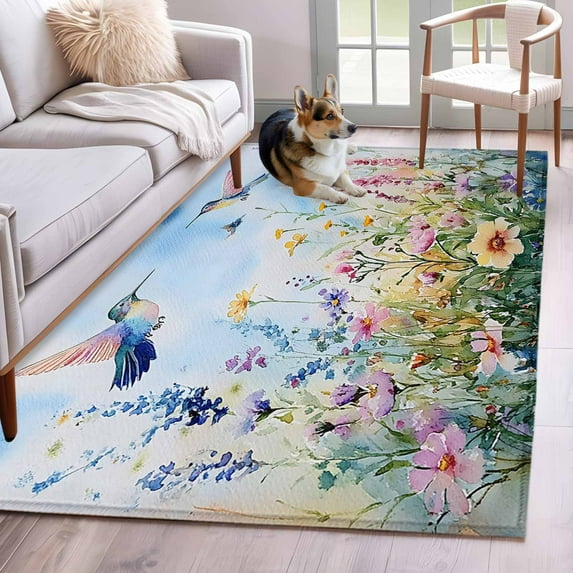 Watercolor Wildflower Area Rugs 4x6 ft Hummingbird Hand-painted Flowers Bird Washable Rug Non Slip Indoor Carpet Absorbent Floor Mat for Living Room Bedroom Dining Room