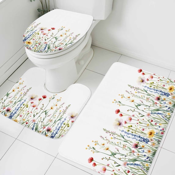 Watercolor Wildflower Bathroom Rugs Set Spring Flower Leaf Plant Non Slip Absorbent Soft Bath Mats 3 Piece Set with Bathroom Rug, U-Shaped Floor Mat, Toilet Seat Cover Large Size