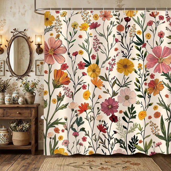 Watercolor Wildflower Botanical Shower Curtain Waterproof Polyester Fabric with Hooks for Farmhouse Bath Decor