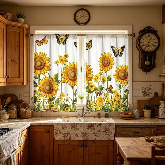 Watercolor Wildflower Butterfly Tier Curtain,Light Filtering Washable Short Cafe Window Curtain for Kitchen,Laundry,Home Decor,1 Pair