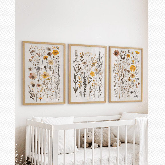 Watercolor Wildflower Floral Gallery Boho Poster Set Set 3 , Stretched Canvas