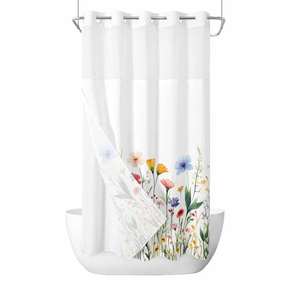 Watercolor Wildflower No Hooks Shower Curtain with Snap-in Liner Spring Blue Red Flower Leaf Plant Shower Curtains for Bathroom, Waterproof, Easy Install, Washable 54"x78"