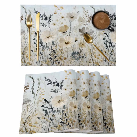 Watercolor Wildflower Placemats Set of 12, Spring Vintage Botanical Farmhouse Hand-painted Non-Slip Place Mats Washable Table Mats for Kitchen Dining Table Decorations Indoor/Outdoor