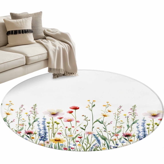 Watercolor Wildflower Round Area&nbsp;Rug 3ft Spring Flower Leaf Plant Non-Slip&nbsp;Washable Circle Rugs Soft Felt Indoor Floor Mat for Bedroom Kitchen Living Room Bathroom