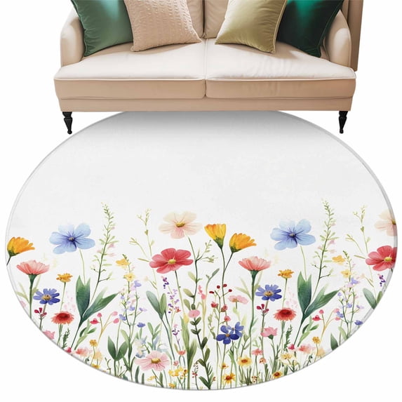 Watercolor Wildflower Round Area Rug 7ft Spring Blue Red Flower Leaf Plant Non-Slip Washable Circle Rugs Soft Felt Indoor Floor Mat for Bedroom Kitchen Living Room Bathroom