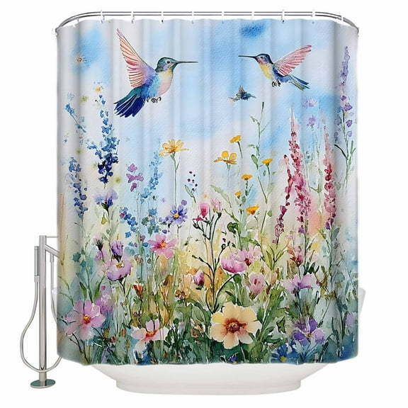 Watercolor Wildflower Shower Curtain, 66" x 72", Hummingbird Hand-painted Flowers Bird Waterproof Bathroom Curtain Washable Shower Curtain Set with 12 Hooks