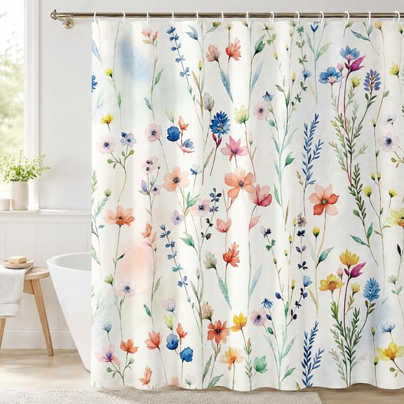 Watercolor Wildflower Shower Curtain 72x72 Inches with Hooks, Botanical Floral Bathroom Decor, Spring Garden Flower Bath Curtain for Farmhouse Bathroom