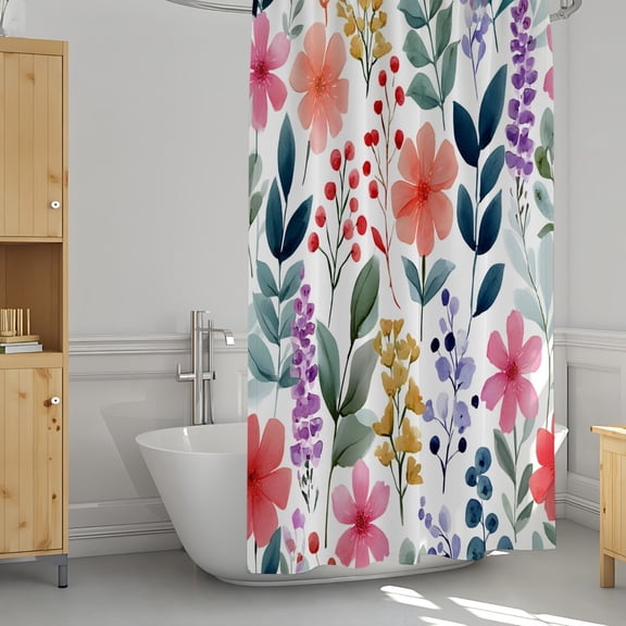 Watercolor Wildflower Shower Curtain, Boho Floral Fabric Curtain with Hooks, 36x72inch