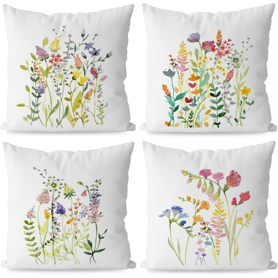 Watercolor Wildflower Summer Cottagecore Throw Pillow Covers,Rustic Floral Throw Pillow Covers 18×18 Inch Set of 4,Rustic Home Bedroom Living Room Decor
