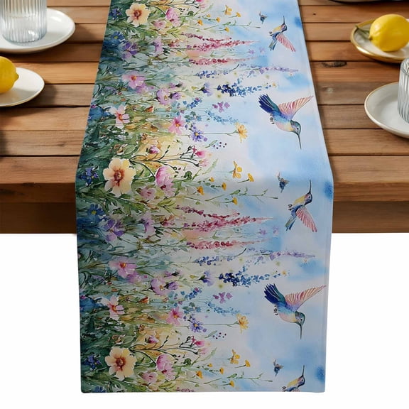 Watercolor Wildflower Table Runner, Hummingbird Hand-painted Flowers Bird Kitchen Table Runners Dress Scarves for Table Decorations Party/Restaurant/Indoor Outdoor Use, 13x36in